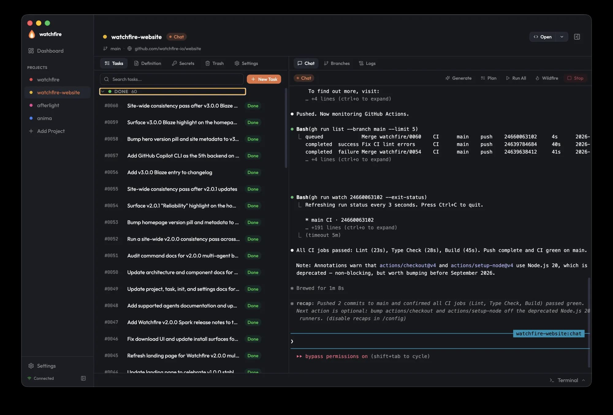 Watchfire GUI active chat session with a coding agent