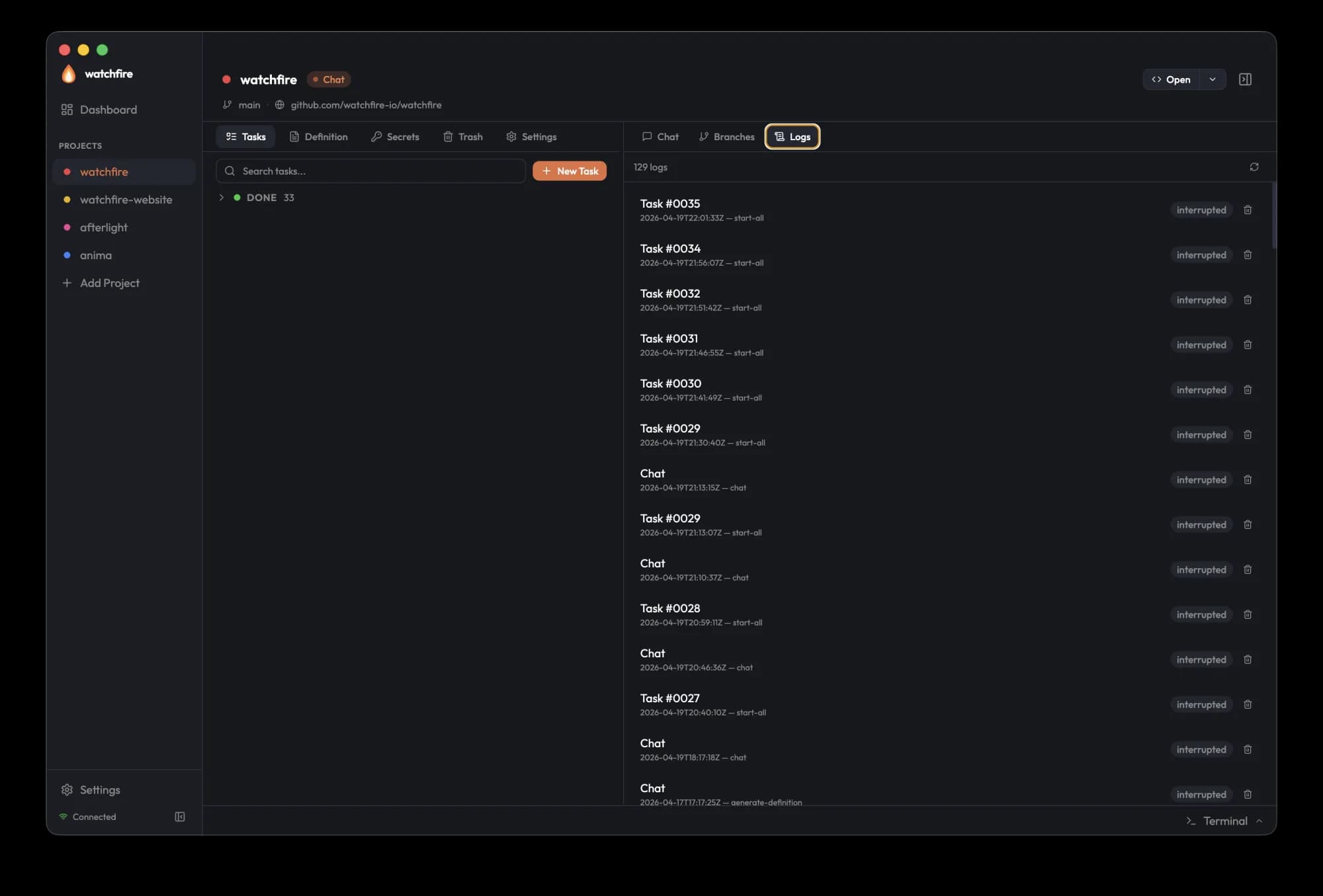 Watchfire GUI project logs streaming live output from a running agent
