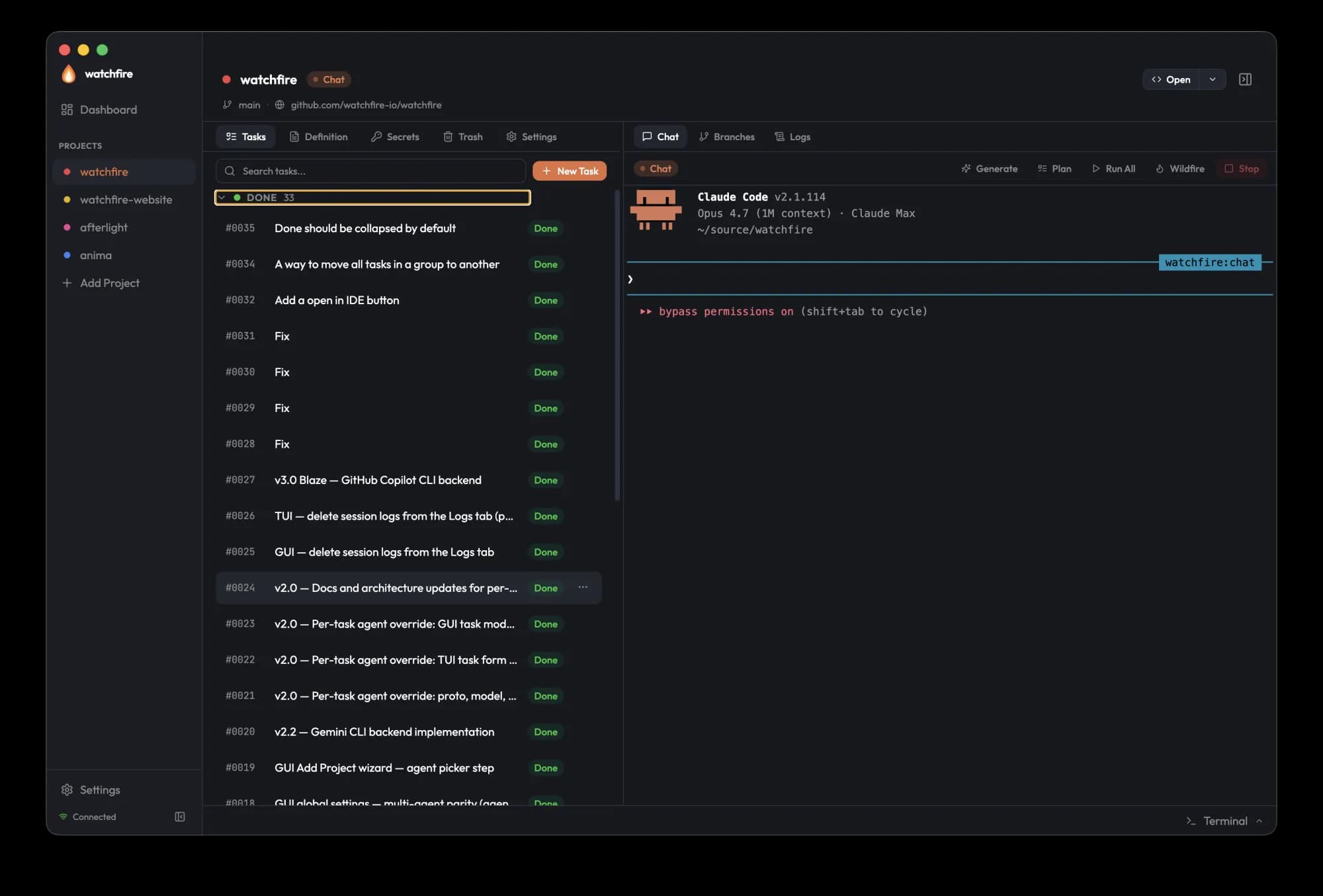 Watchfire GUI project view with the task list and live agent output