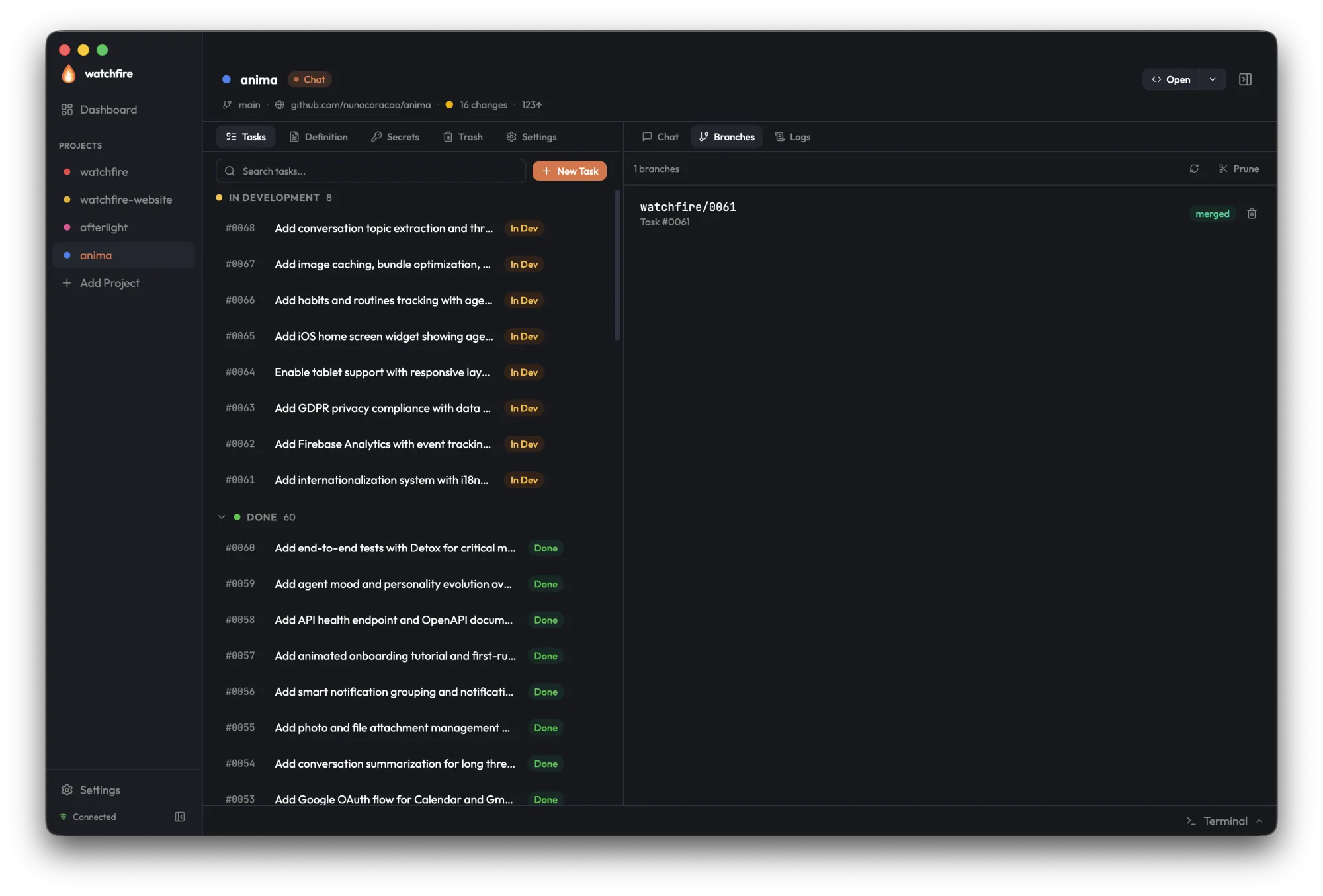 Branches tab listing watchfire worktrees with merge status badges
