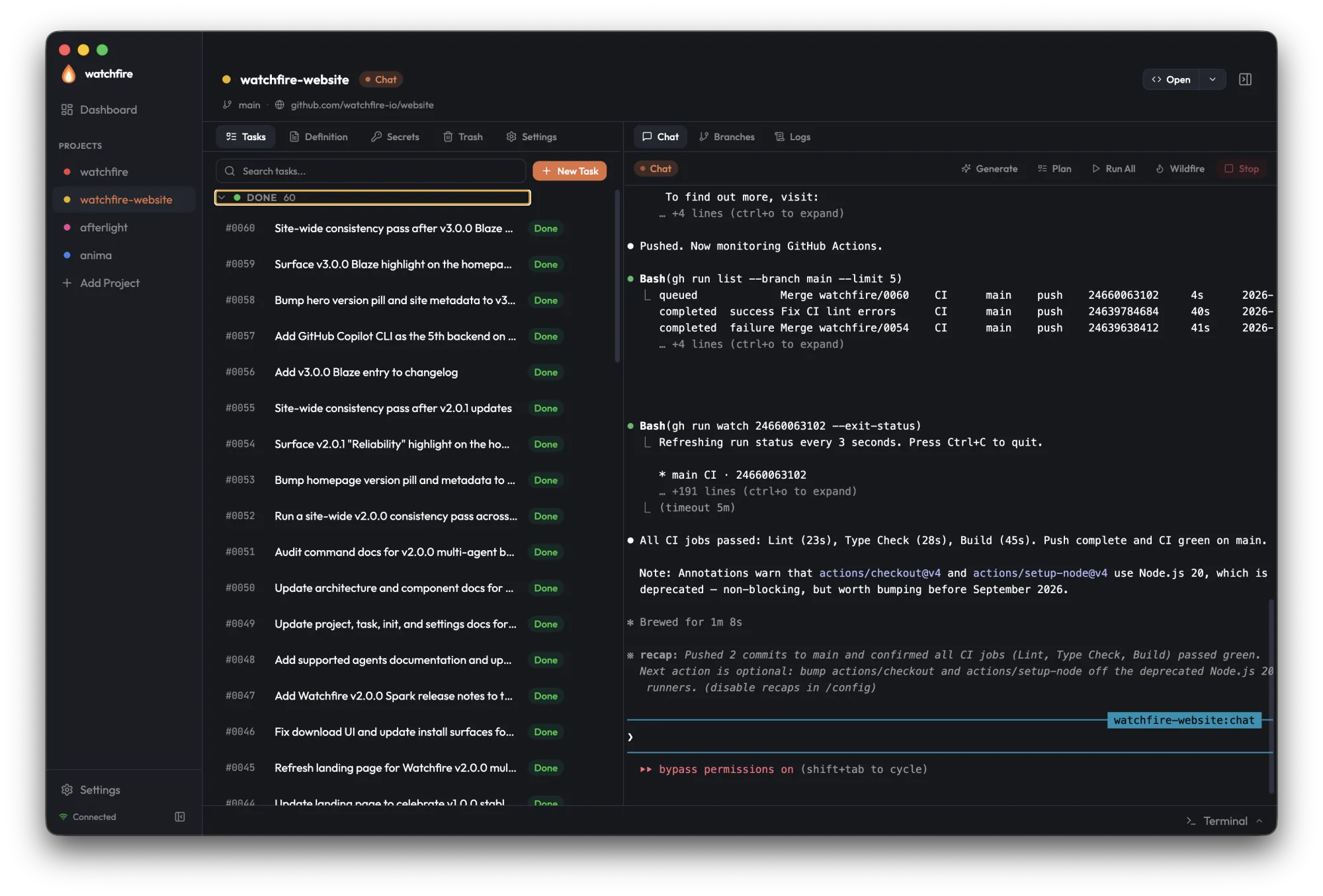 Project view with a live Chat session — agent output streaming on the right while the task list updates on the left