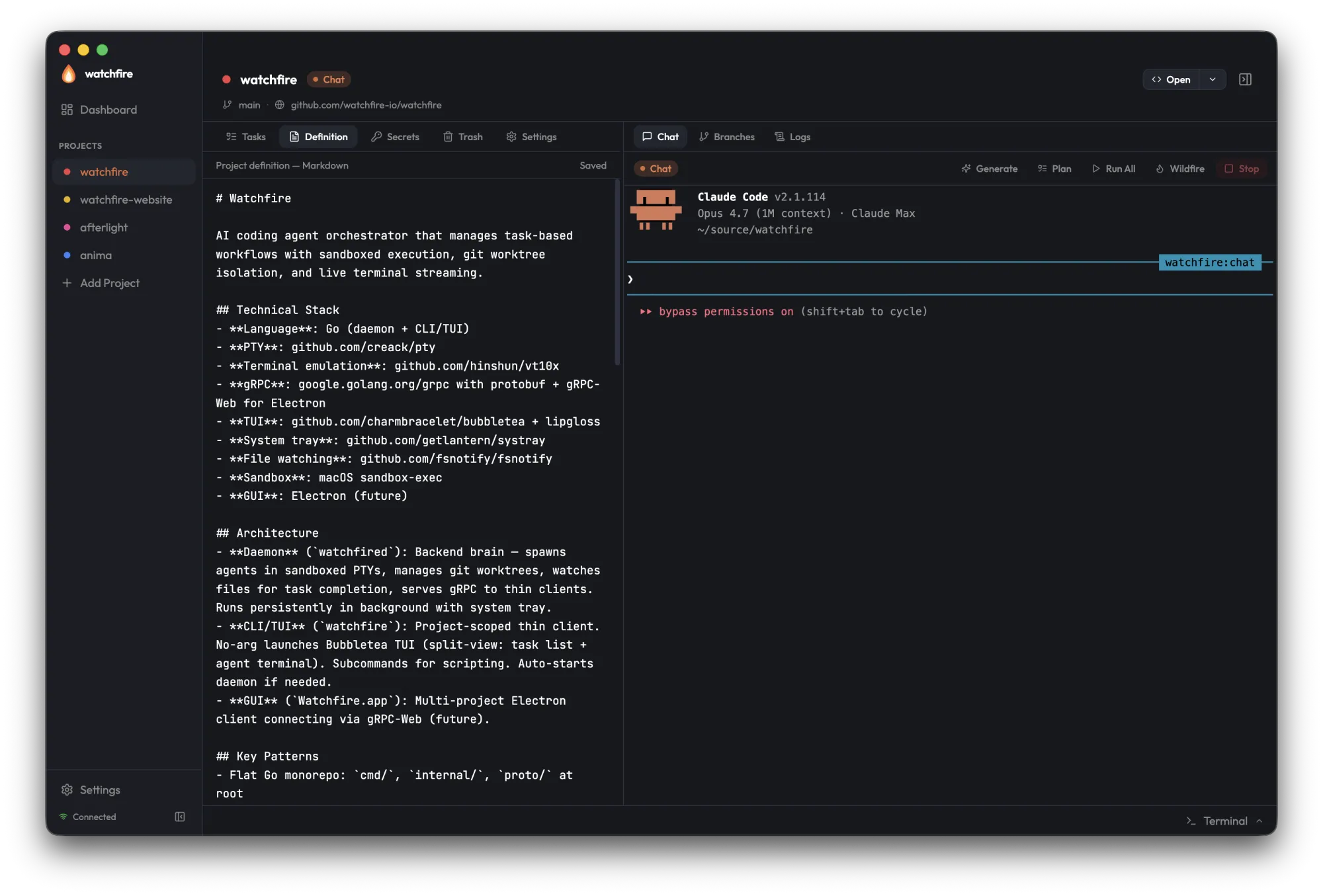 Project Definition tab showing the Watchfire definition rendered as markdown