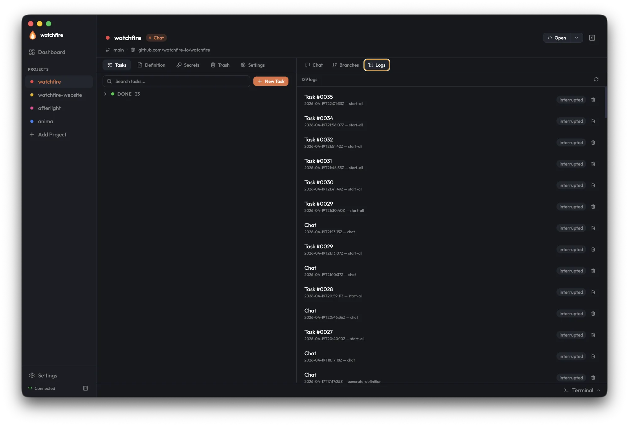 Logs tab listing past task and chat sessions with timestamps and statuses