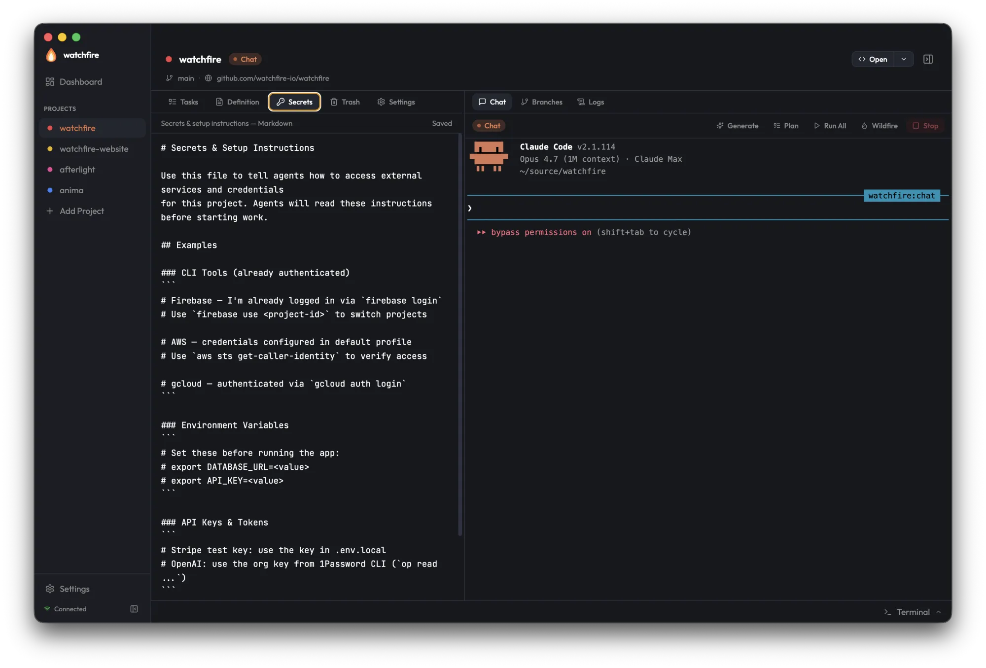 Project Secrets tab showing Markdown setup instructions for CLI tools, env vars, and credentials