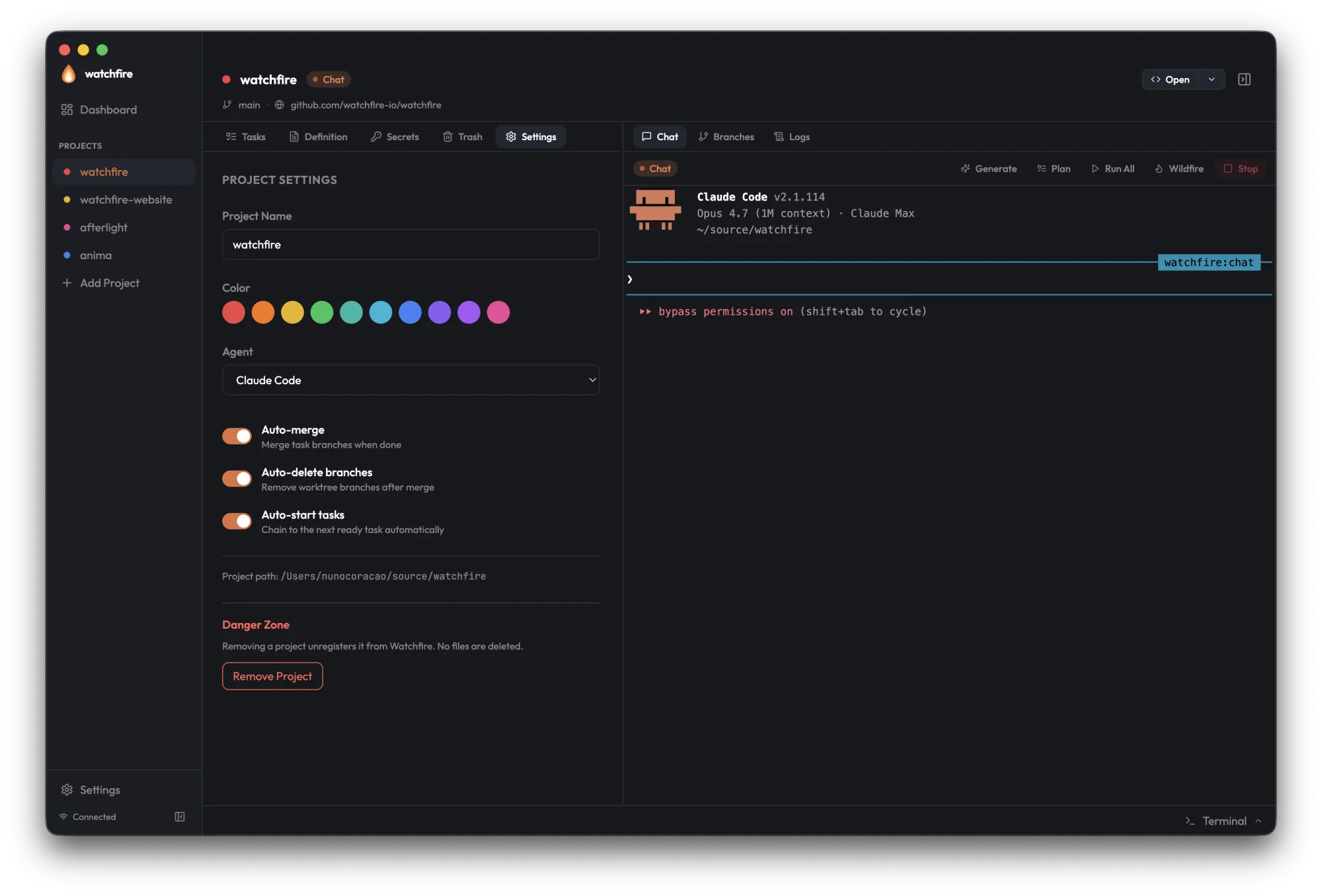 Project Settings tab showing name, color picker, agent dropdown, automation toggles, and a Danger Zone