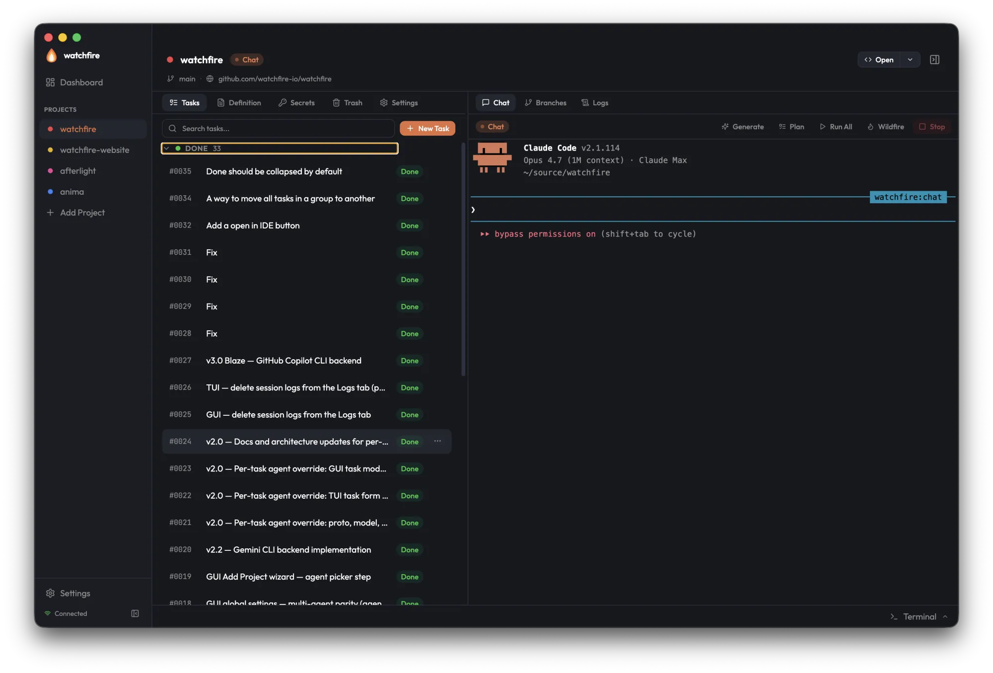 Project view with the Tasks tab open and the Chat panel docked on the right, ready for a new agent session
