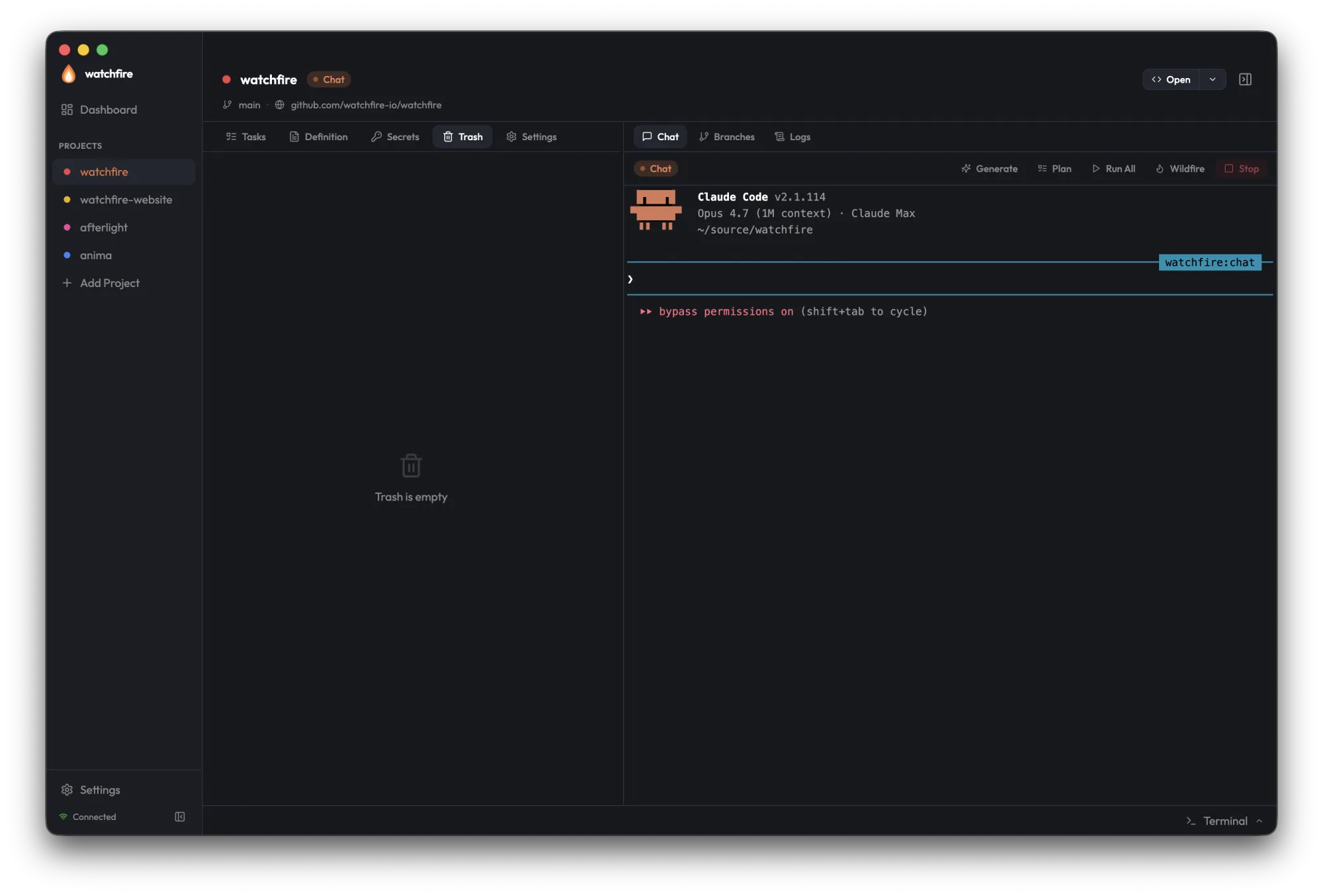 Project Trash tab in its empty state