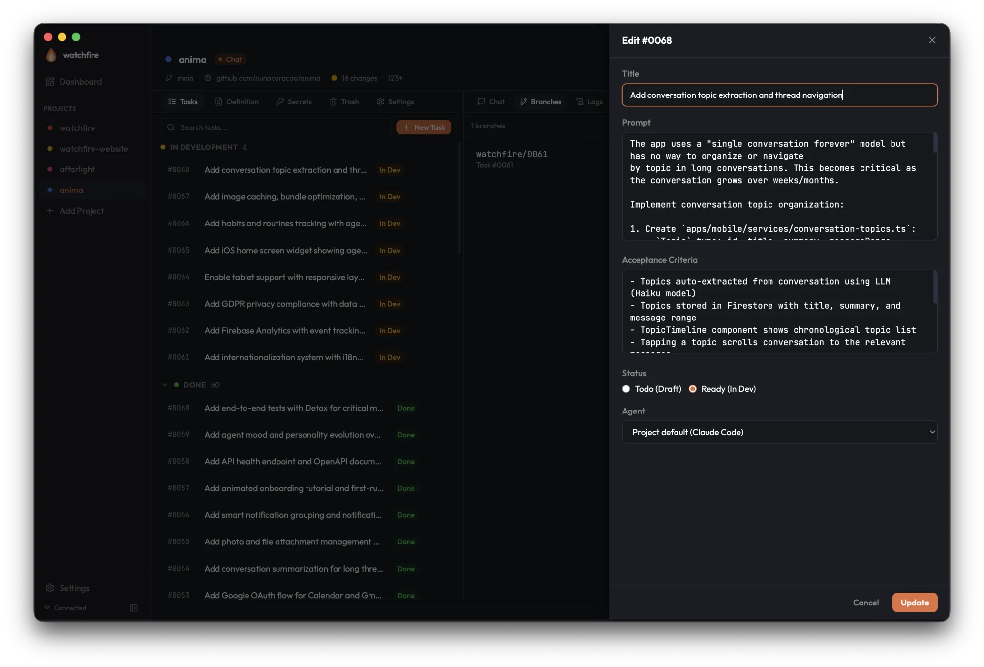 Task edit modal with title, prompt, acceptance criteria, status toggle, and agent selector