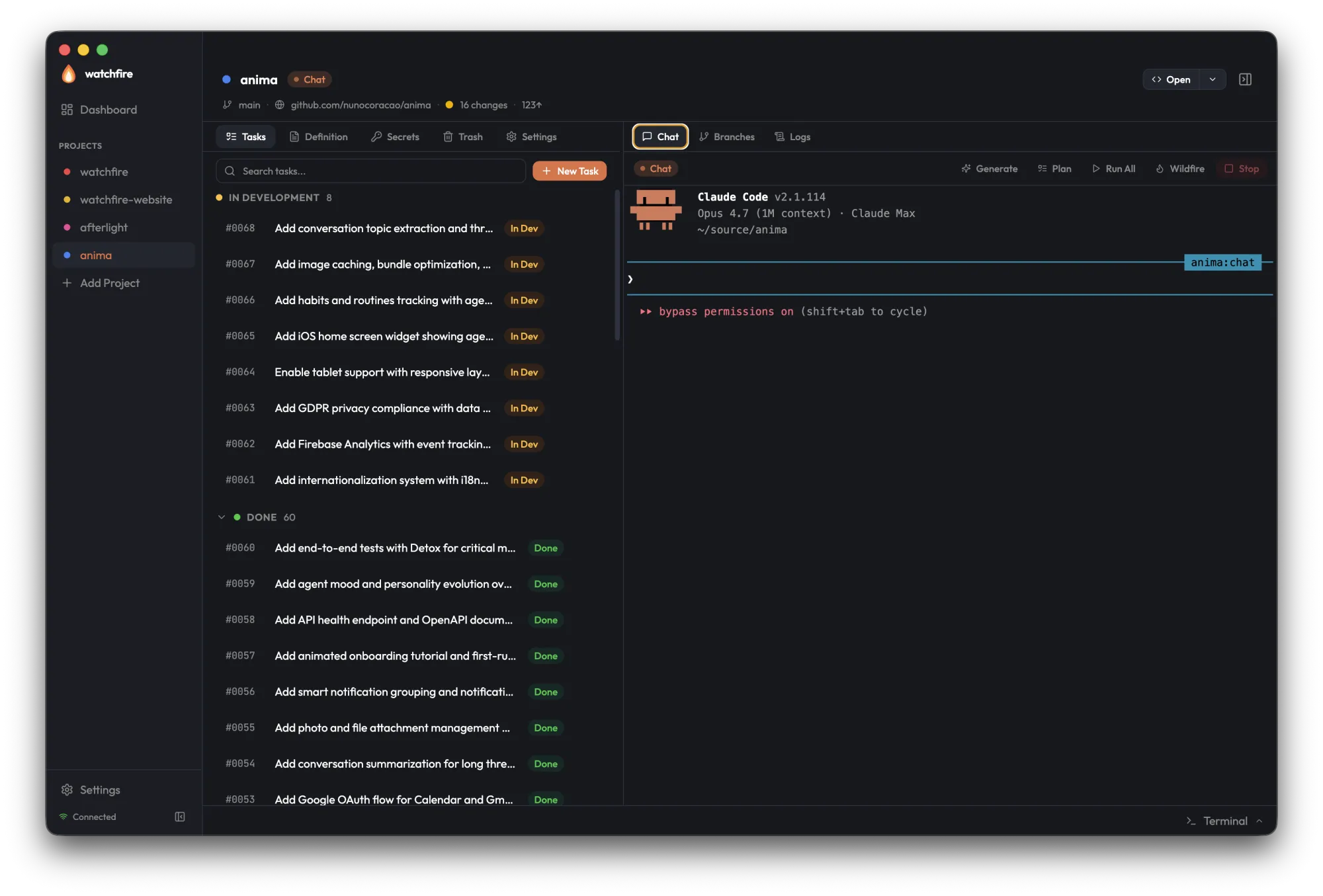 Task list grouped into In Development and Done sections, with status badges on each row